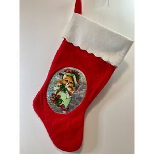 Santa's Best Vintage Kitten Christmas Stocking Red Hologram Felt 17"‎